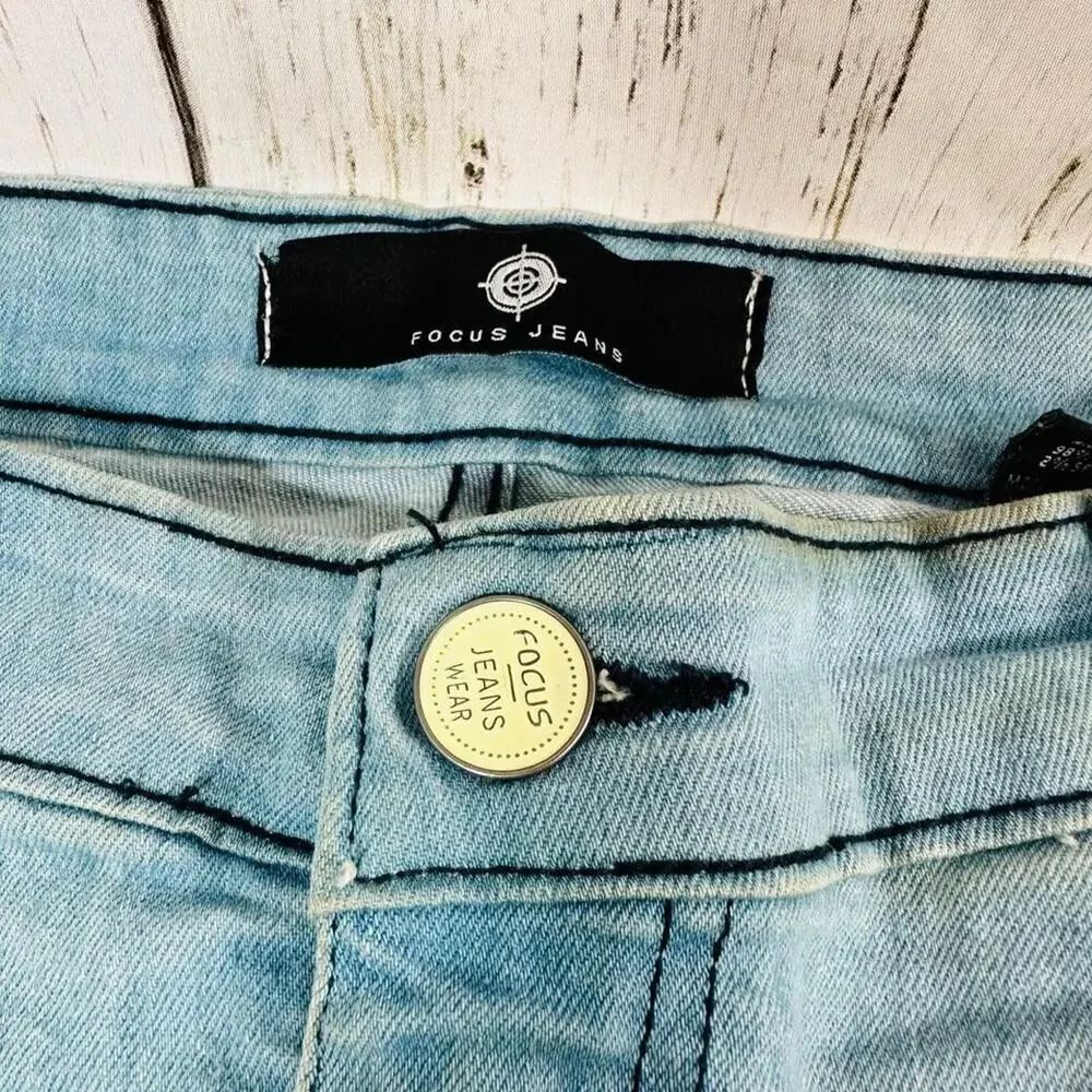 Focus Jeans Mens Blue Denim White Bleached Distressed 36W/32L - Picture 2 of 3